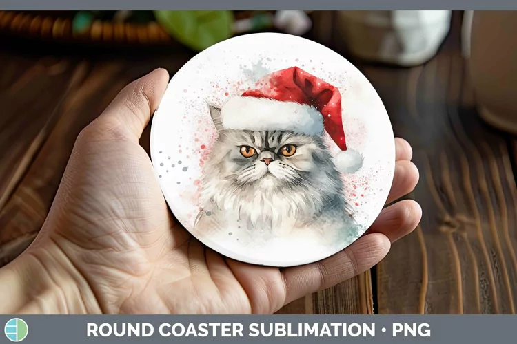 Santa Hat Persian Cat Round Coaster Sublimation Coaster Desi
