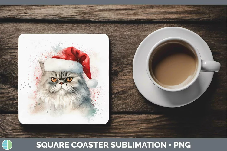 Santa Hat Persian Cat Square Coaster Sublimation Coaster Des