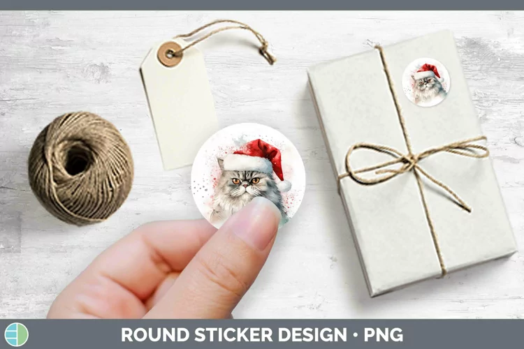 Santa Hat Persian Cat Stickers | Round Labels Designs