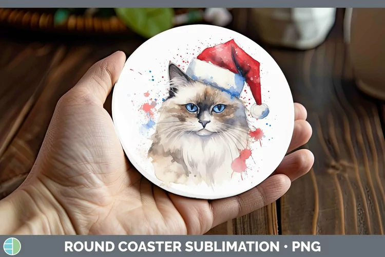 Santa Hat Ragdoll Cat Round Coaster Sublimation Coaster Desi