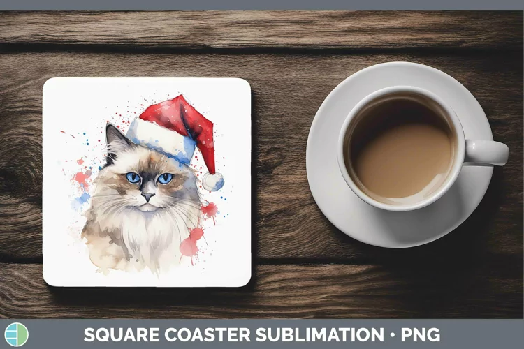 Santa Hat Ragdoll Cat Square Coaster Sublimation Coaster Des