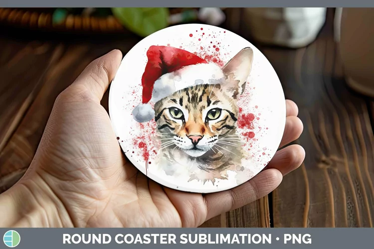 Santa Hat Savannah Cat Round Coaster Sublimation Coaster Des