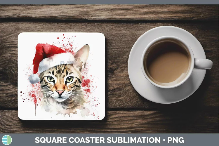 Santa Hat Savannah Cat Square Coaster Sublimation Coaster De