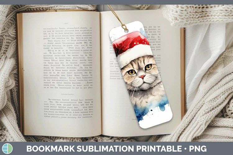 Santa Hat Scottish Fold Cat Bookmark Sublimation Printable D