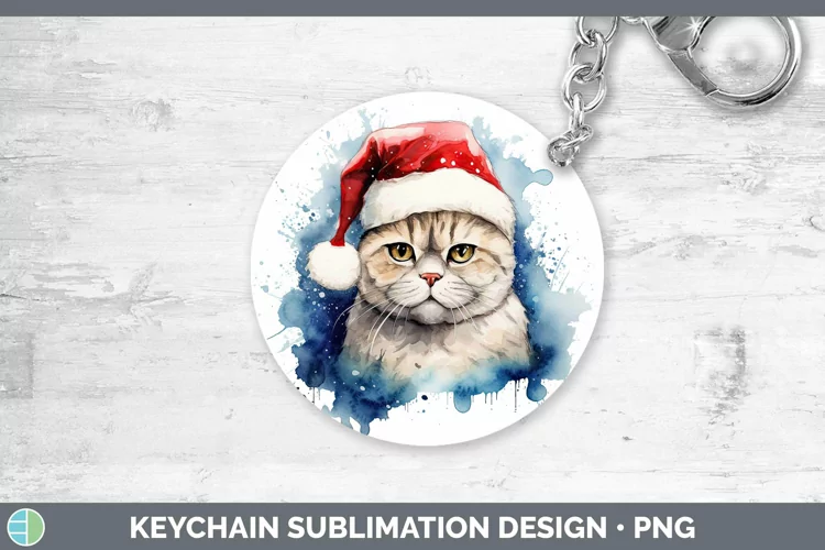 Santa Hat Scottish Fold Cat Keychain Sublimation Keyring Des