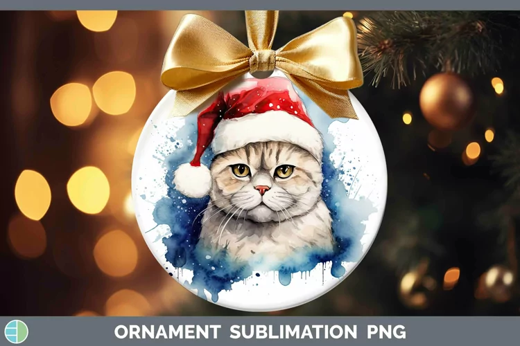 Santa Hat Scottish Fold Cat Ornament Sublimation Bauble Desi