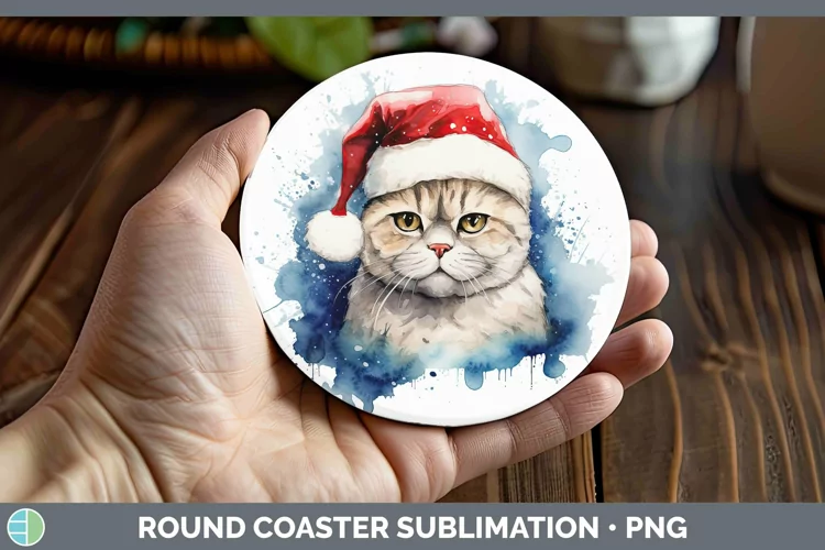 Santa Hat Scottish Fold Cat Round Coaster Sublimation Coaste