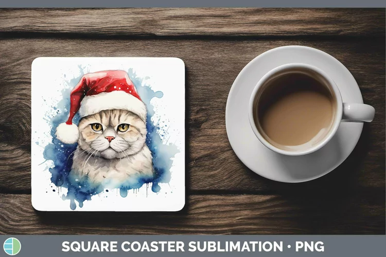 Santa Hat Scottish Fold Cat Square Coaster Sublimation Coast