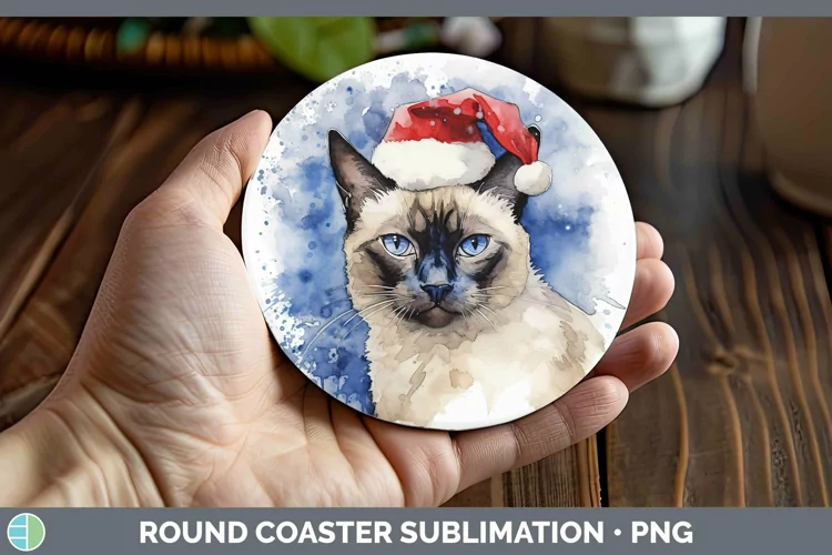 Santa Hat Siamese Cat Round Coaster Sublimation Coaster Desi