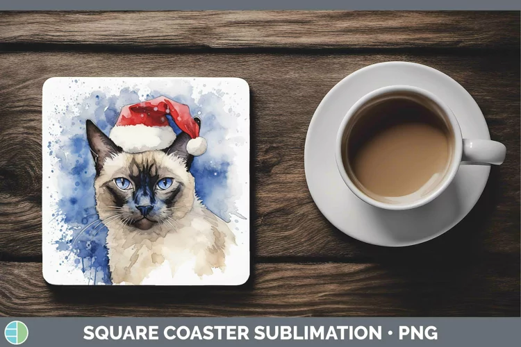 Santa Hat Siamese Cat Square Coaster Sublimation Coaster Des