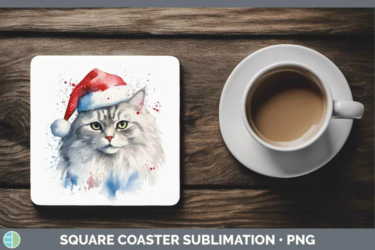 Santa Hat Siberian Cat Square Coaster Sublimation Coaster De