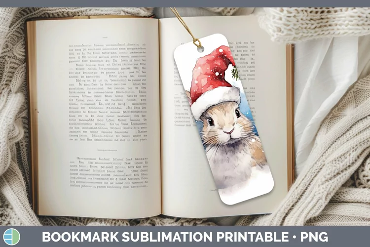 Santa Hat Snowshoe Hare Bookmark Sublimation Printable Desig