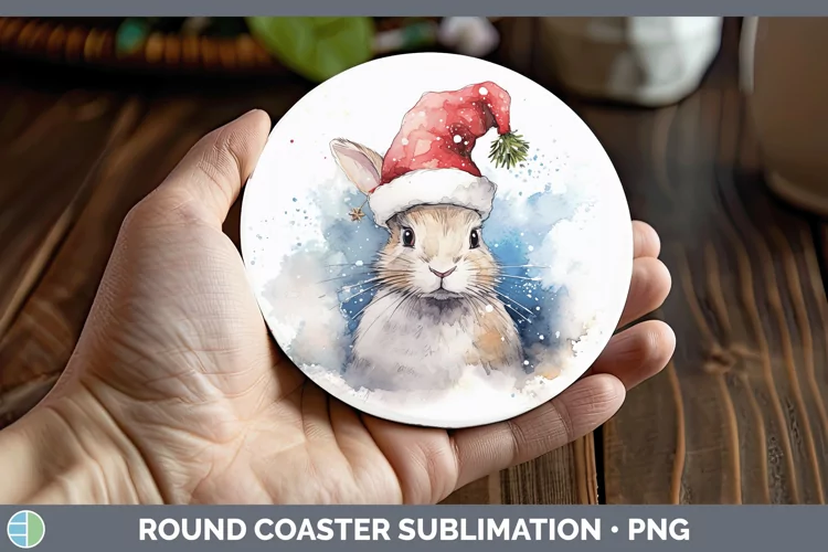 Santa Hat Snowshoe Hare Round Coaster Sublimation Coaster De