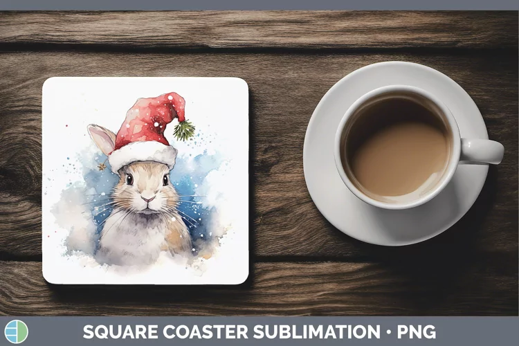 Santa Hat Snowshoe Hare Square Coaster Sublimation Coaster D
