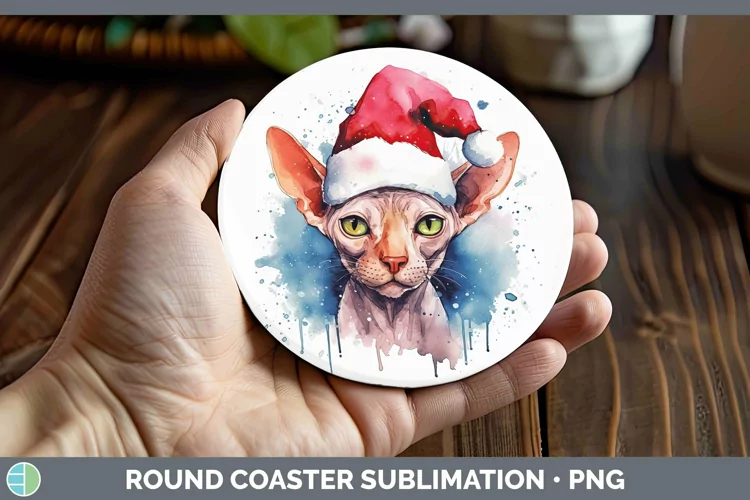 Santa Hat Sphynx Cat Round Coaster Sublimation Coaster Desig