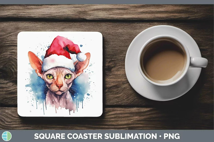 Santa Hat Sphynx Cat Square Coaster Sublimation Coaster Desi