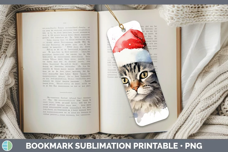Santa Hat Tabby Cat Bookmark Sublimation Printable Designs