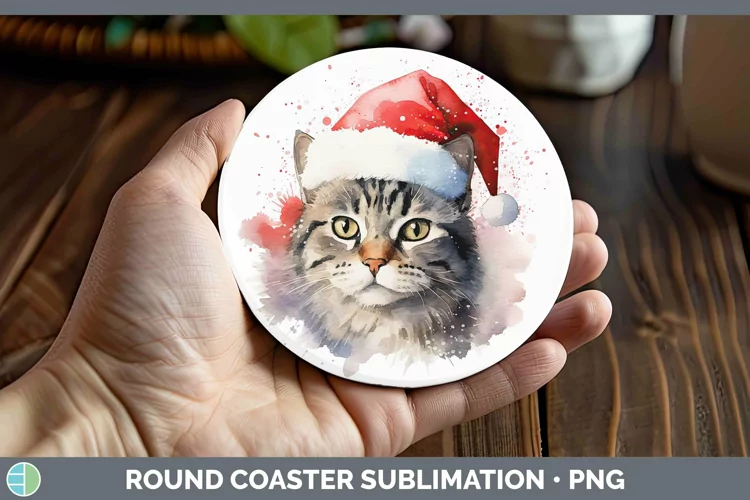 Santa Hat Tabby Cat Round Coaster Sublimation Coaster Design