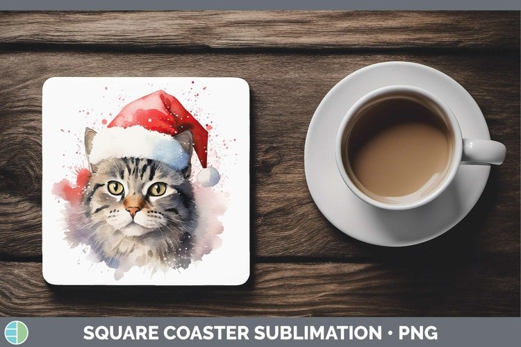 Santa Hat Tabby Cat Square Coaster Sublimation Coaster Desig
