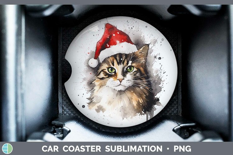Santa Hat Tortoiseshell Cat Car Coaster Sublimation Coaster