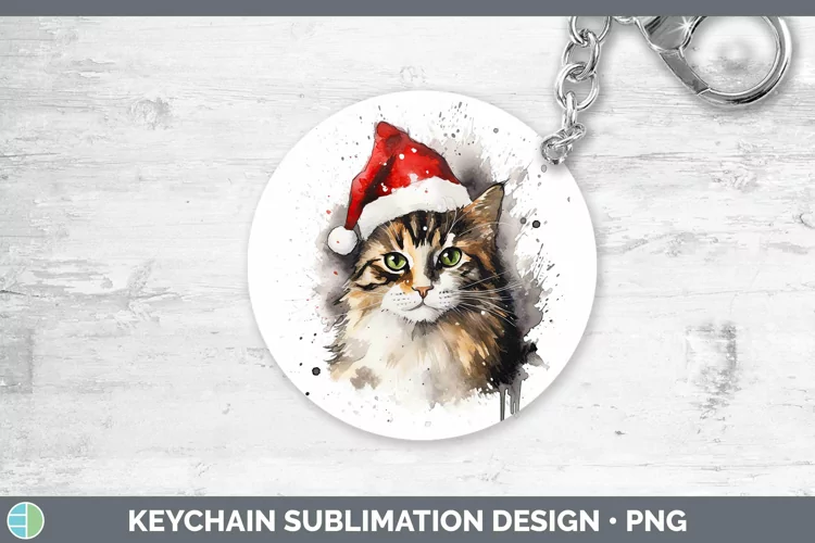 Santa Hat Tortoiseshell Cat Keychain Sublimation Keyring Des