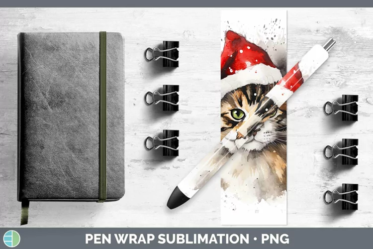 Santa Hat Tortoiseshell Cat Pen Wrap Sublimation Epoxy Pen D