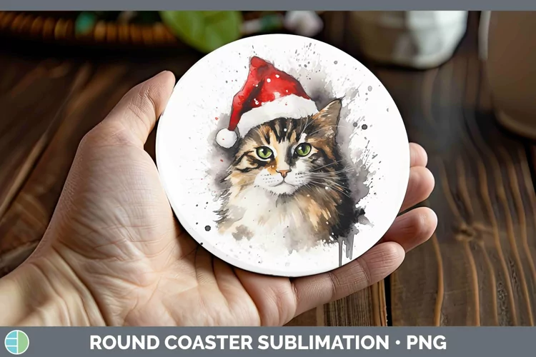 Santa Hat Tortoiseshell Cat Round Coaster Sublimation Coaste