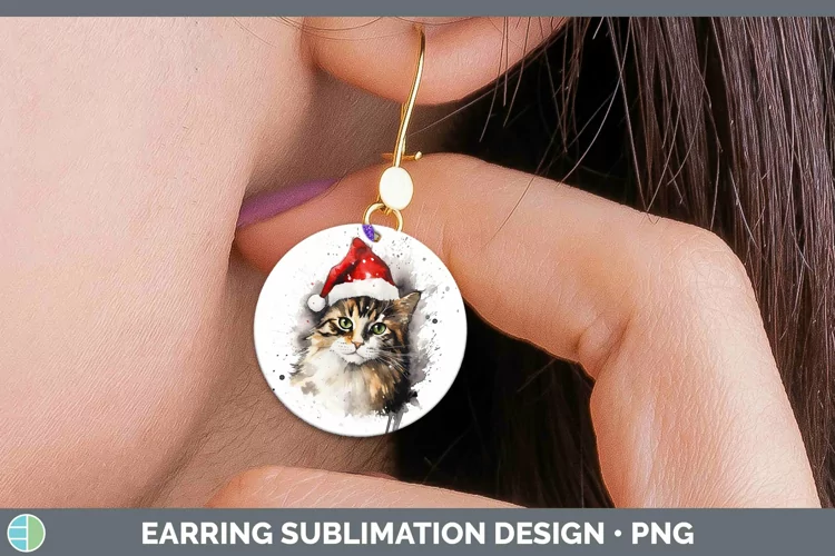 Santa Hat Tortoiseshell Cat Round Earrings Sublimation Earri