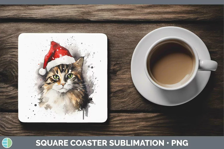 Santa Hat Tortoiseshell Cat Square Coaster Sublimation Coast