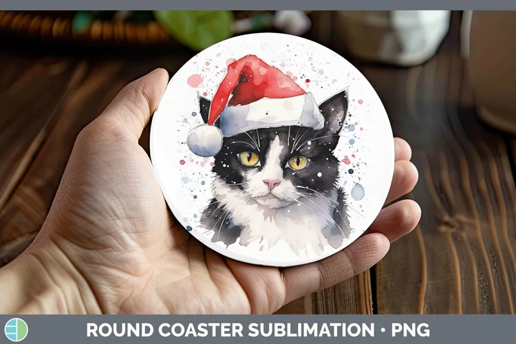 Santa Hat Tuxedo Cat Round Coaster Sublimation Coaster Desig