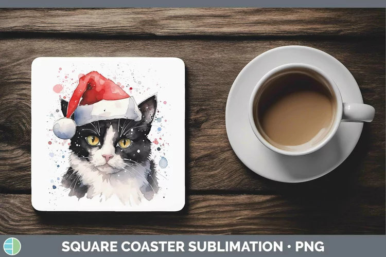 Santa Hat Tuxedo Cat Square Coaster Sublimation Coaster Desi