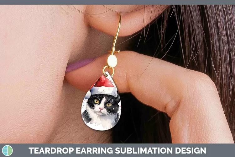 Santa Hat Tuxedo Cat Teardrop Earrings Sublimation Earrings