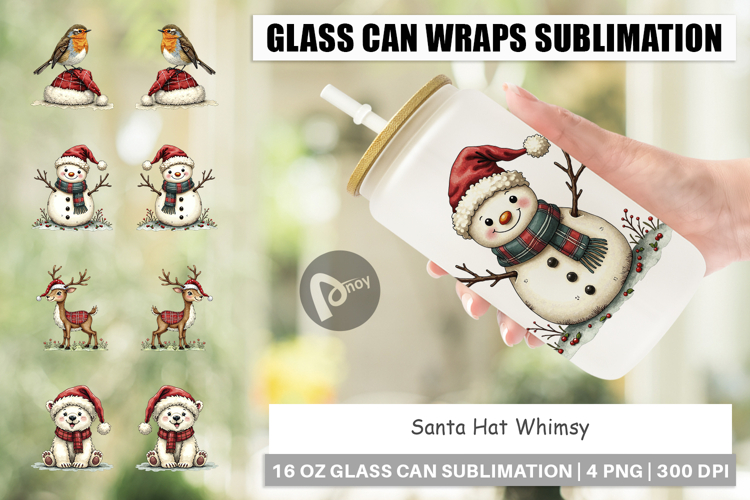 Santa Hat Whimsy Glass Can