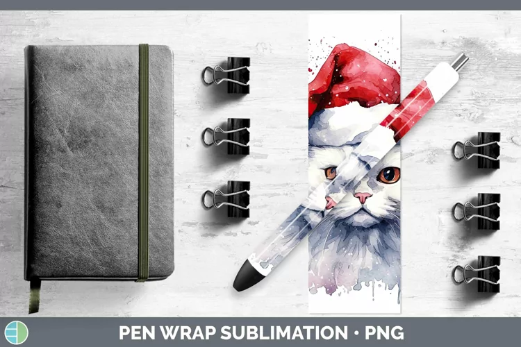 Santa Hat White Cat Pen Wrap Sublimation Epoxy Pen Designs