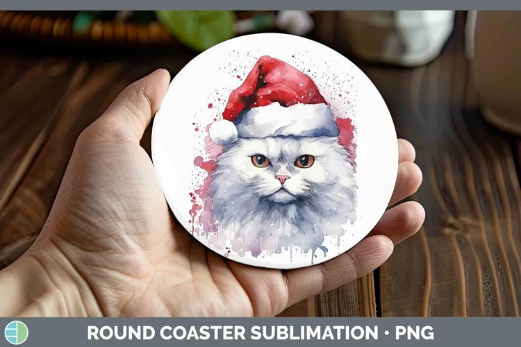 Santa Hat White Cat Round Coaster Sublimation Coaster Design