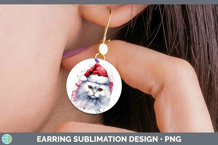 Santa Hat White Cat Round Earrings Sublimation Earrings Desi