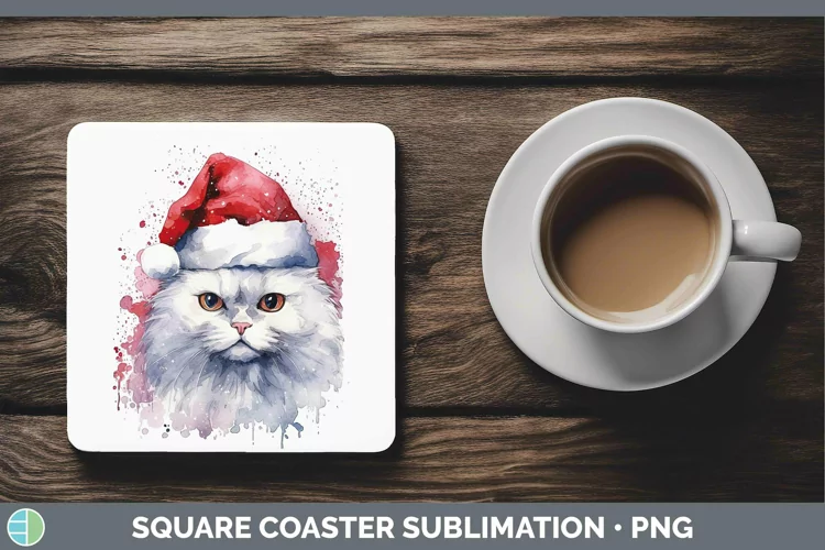 Santa Hat White Cat Square Coaster Sublimation Coaster Desig
