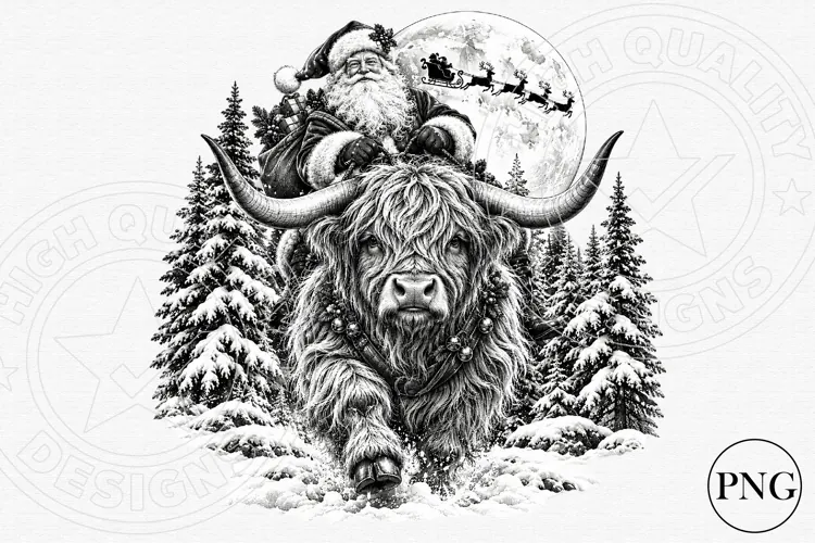Santa Highland Cow Christmas PNG | Vintage Black & White Win