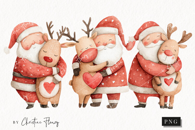 Santa Hugging Reindeer Clipart | Christmas PNG example image 1