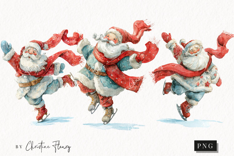 Watercolor Santa Ice Skating Clipart | Christmas PNG example image 1