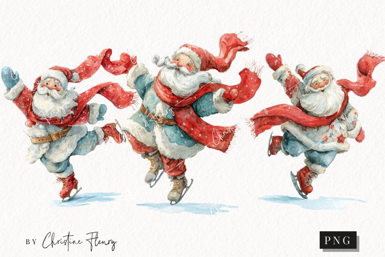 Watercolor Santa Ice Skating Clipart | Christmas PNG