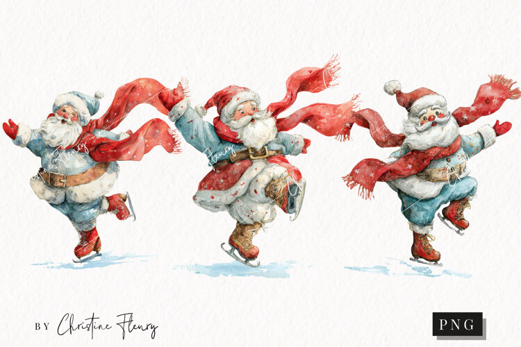 Watercolor Santa Ice Skating Clipart | Christmas PNG example image 1