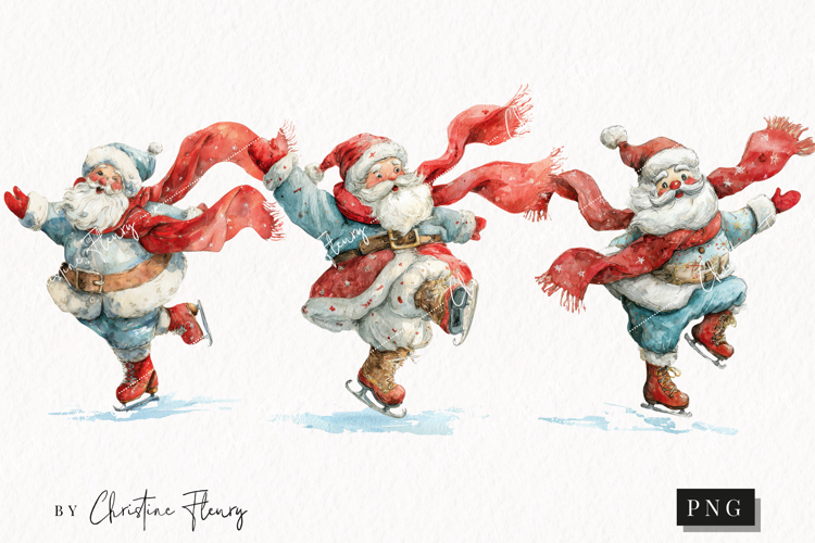 Watercolor Santa Ice Skating Clipart | Christmas PNG