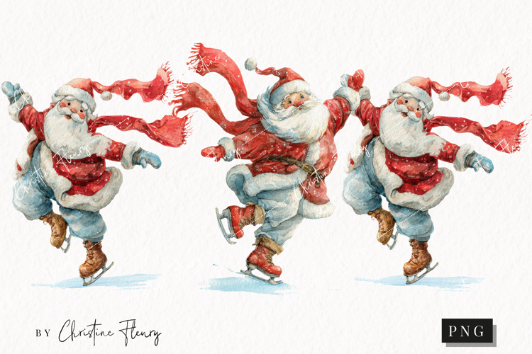 Watercolor Santa Ice Skating Clipart | Christmas PNG