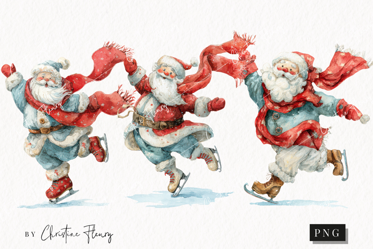 Watercolor Santa Ice Skating Clipart | Christmas PNG