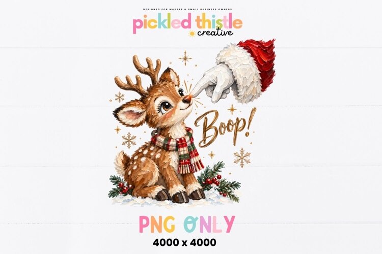 Textured Christmas PNG of an adorable reindeer wearing a festive plaid scarf while Santa touches its nose, with snowy ground, evergreen branches and scattered snowflakes.