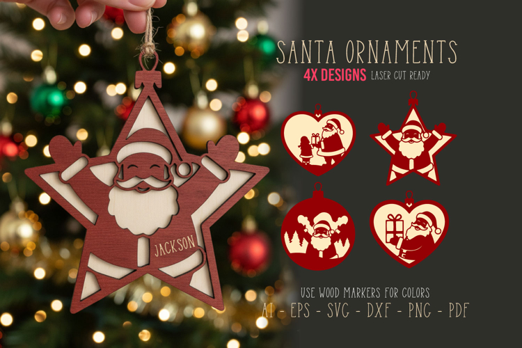4x Christmas Santa Ornaments, Decoration SVGs, Laser Cutting