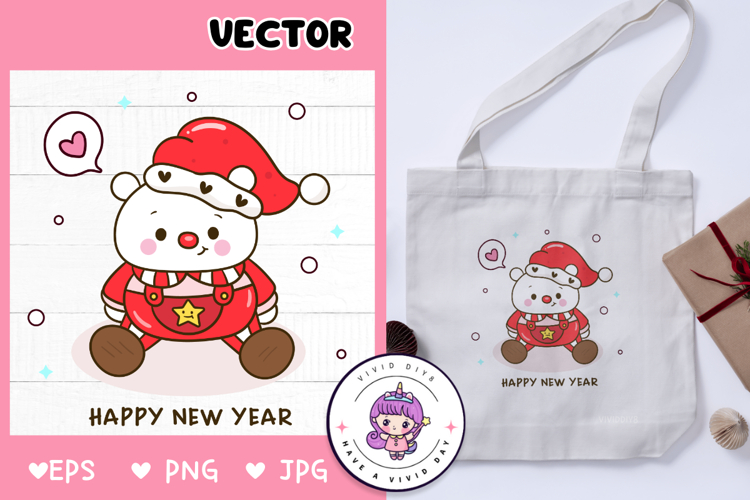 Polar bear wear santa hat Cute Christmas kawaii clipart