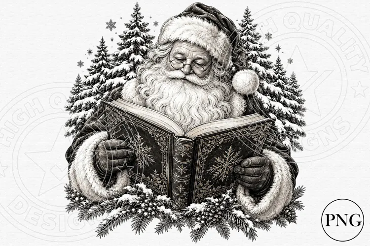 Santa Reading a Book PNG | Vintage Black & White Christmas S