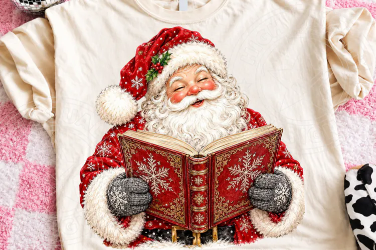 Santa Reading Christmas Cozy Book Lover Vintage Holiday PNG